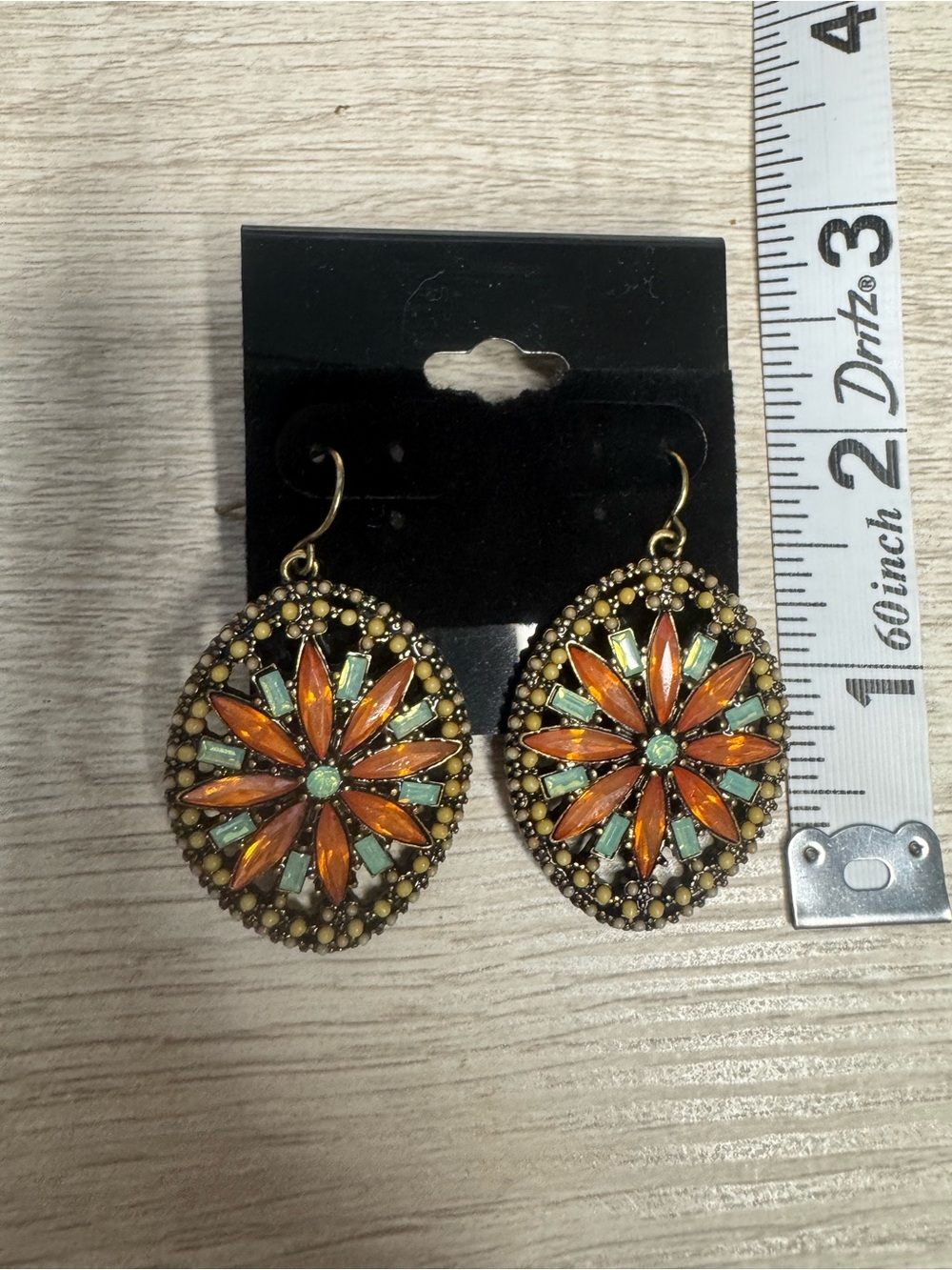 Vintage-Inspired Orange & Turquoise Floral Drop Boho Earrings - Picture 3 of 8